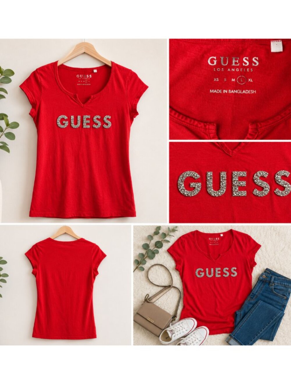 Sparkly Guess T-Shirt, Medium, Cherry Red, V-Neck